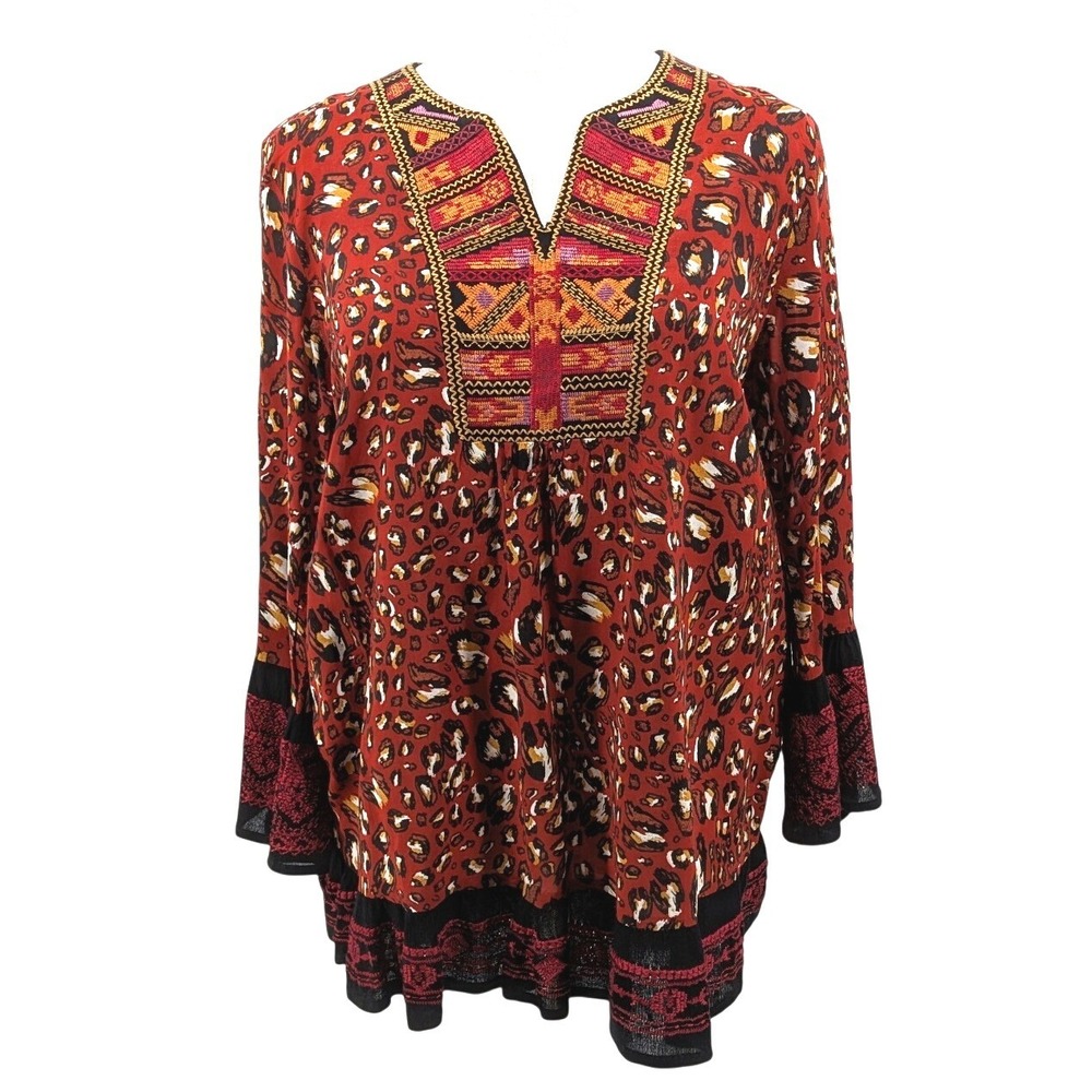 Embroidered Boho Tunic Top Bell Sleeve Animal Print Rayon Calessa Medium